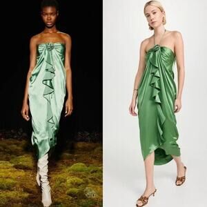 CINQ A SEPT Pistachio Silk Satin Rosette Halter Neck Ruffle Cocoon Dress 6
